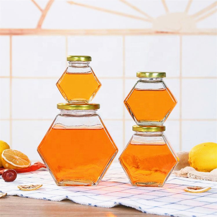 2021 New arrival honey jars hexagon shaped with cover 100ml 180ml 280ml 380ml