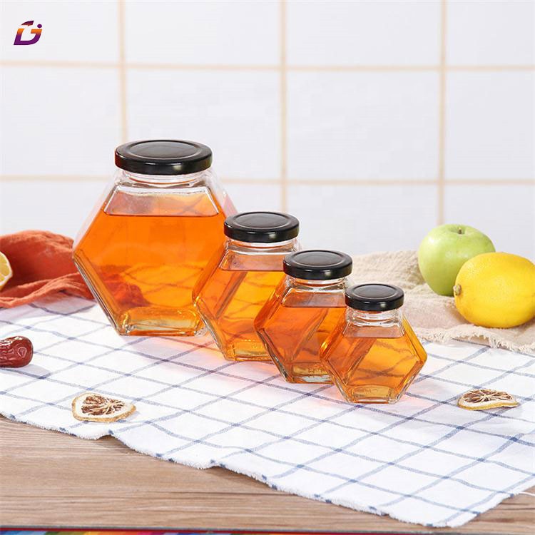 2021 New arrival honey jars hexagon shaped with cover 100ml 180ml 280ml 380ml