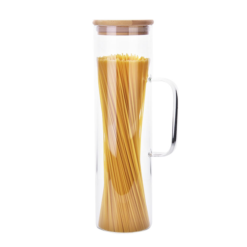 2021 New desgin tall borosilicate glass food container with handle  glass kitchen storage jar with bamboo lid