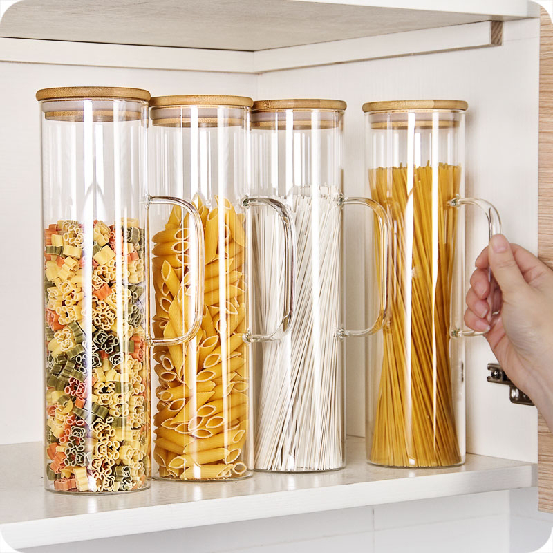 2021 New desgin tall borosilicate glass food container with handle glass kitchen storage jar with bamboo lid