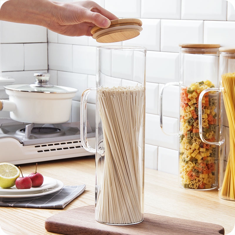 2021 New desgin tall borosilicate glass food container with handle glass kitchen storage jar with bamboo lid