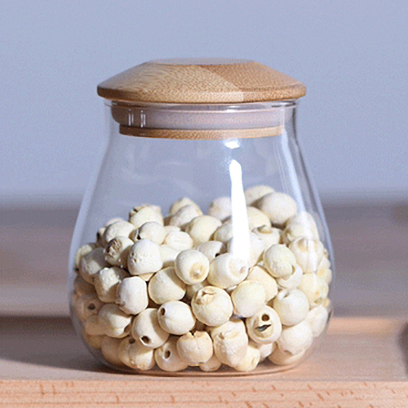2021 New fason round shape borosilicate glass storage jar with mushroom hairstyle woode lid for tea coffee sugar