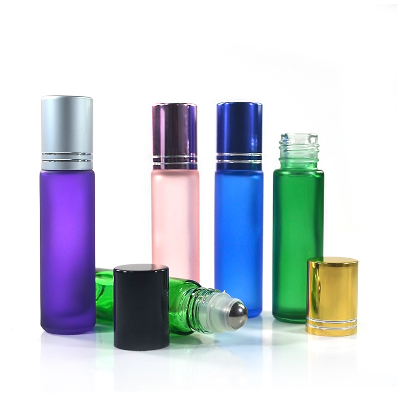 2021 New popular cosmetic packaging 10ml frosted pink essential oil roller ball perfume bottles with aluminum lid