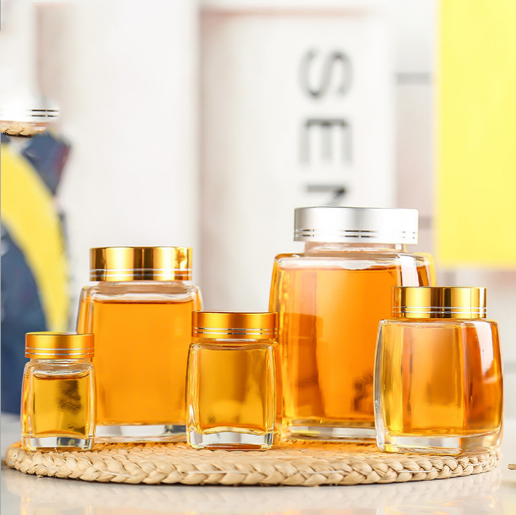 2021 Wholesale transparent 8oz 10oz 11oz 12oz Square Glass Honey Container Honey Storage Bottle Glass Honey Jar With Matel Lid
