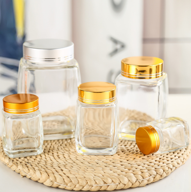 2021 Wholesale transparent 8oz 10oz 11oz 12oz Square Glass Honey Container Honey Storage Bottle Glass Honey Jar With Matel Lid