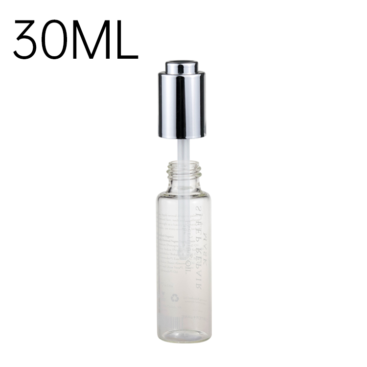 2021 cosmetic packaging 15ml 20ml 25ml 30ml 35ml custom silk printing clear glass vial with glossy silver aluminum pump dropper