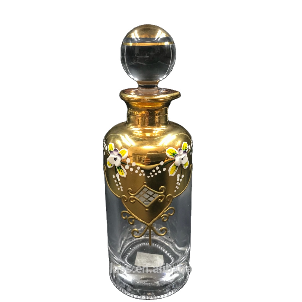 2021 hot sale Arabic attar bottle display golden decanter bottle glass perfume for oudh