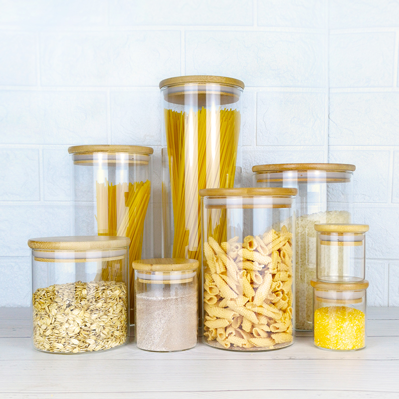 2021 hot sell borosilicate kitchen storage glass jar spice tea nut container with bamboo lid