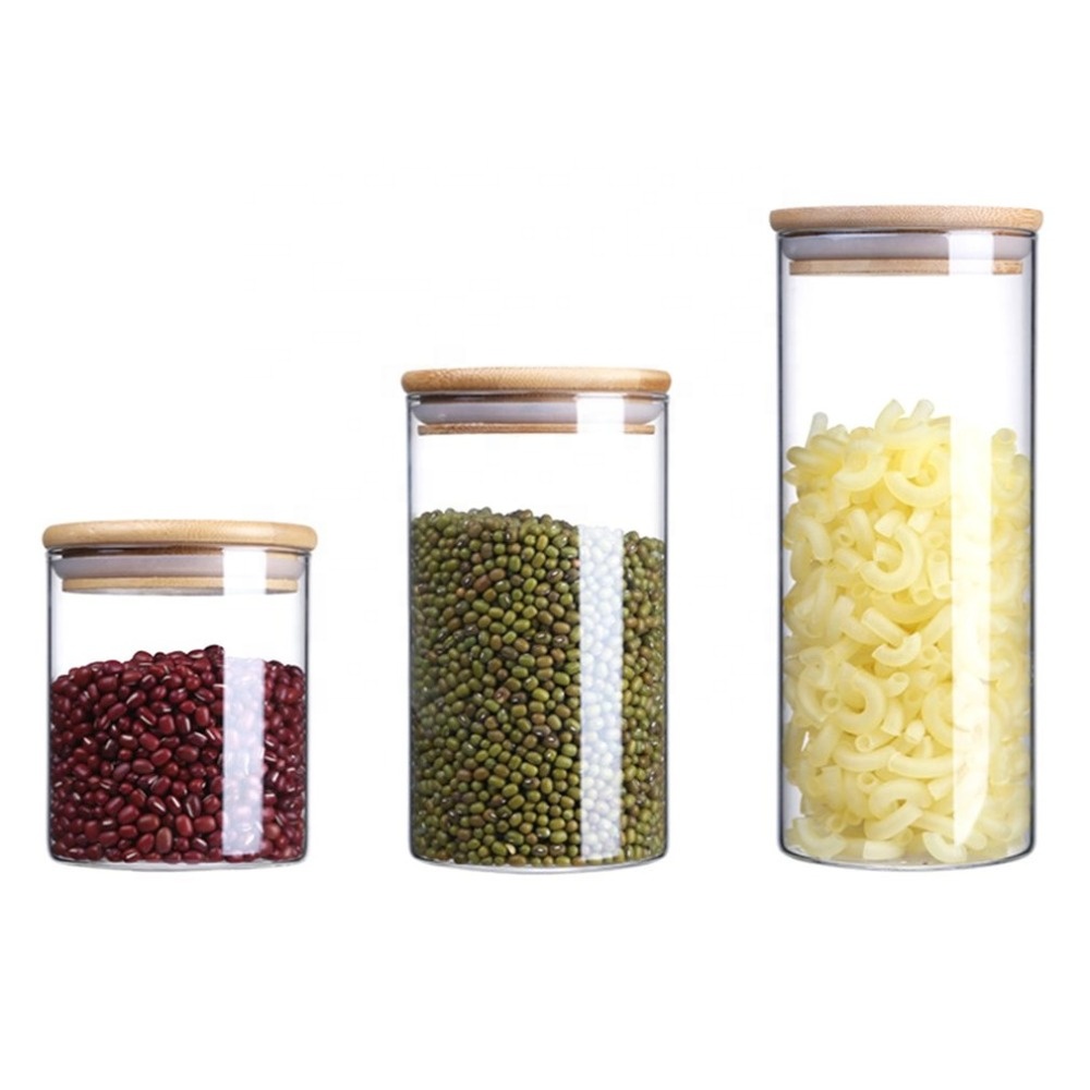 2021 hot sell borosilicate kitchen storage glass jar spice tea nut container with bamboo lid