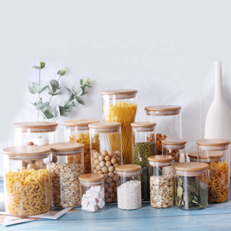 2021 hot sell borosilicate kitchen storage glass jar spice tea nut container with bamboo lid