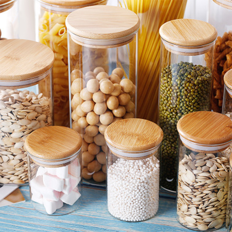 2021 hot sell borosilicate kitchen storage glass jar spice tea nut container with bamboo lid
