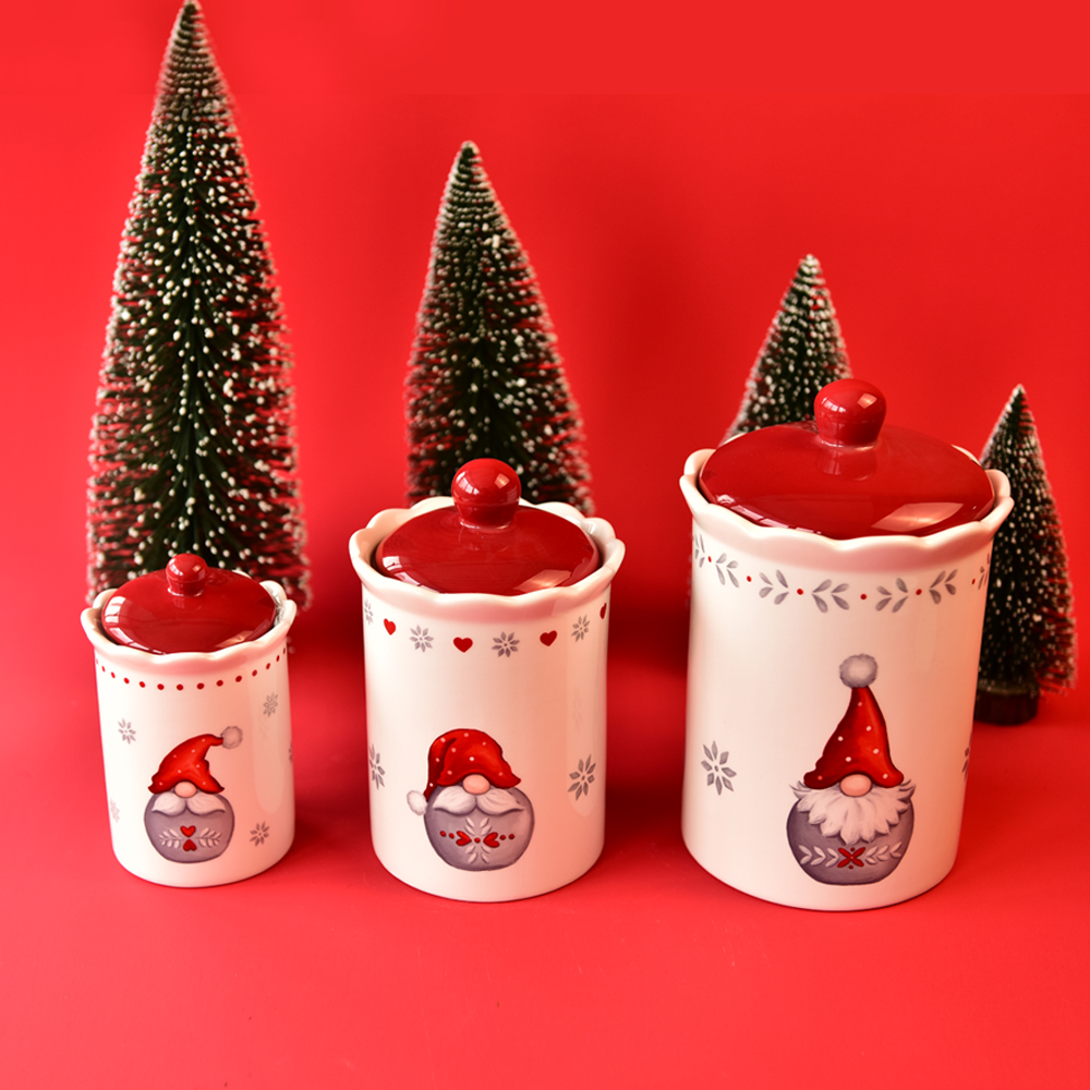 2021 new Christmas Santa Claus North European Santa Red color Storage cookie ceramic jar with airtight silicone lid