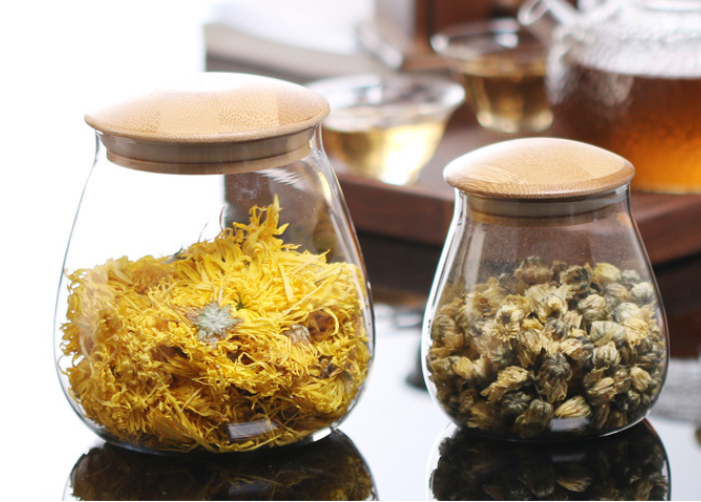 2021 new design mushroom style Glass Jar With Wooden Lid Storage Bottles or Jars Borosilicate Glass Container