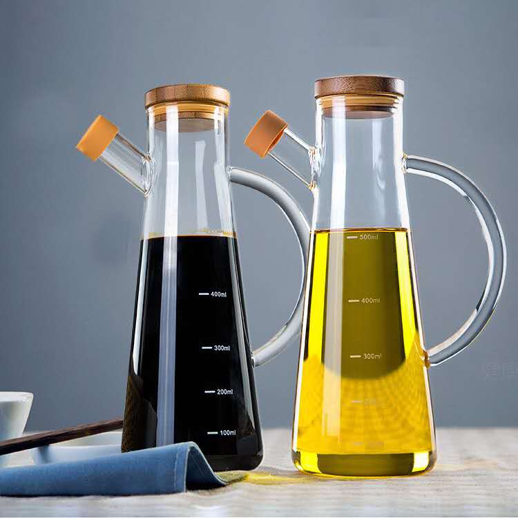 2021 new product borosilicate glass oil dispenser bottle with bamboo lids