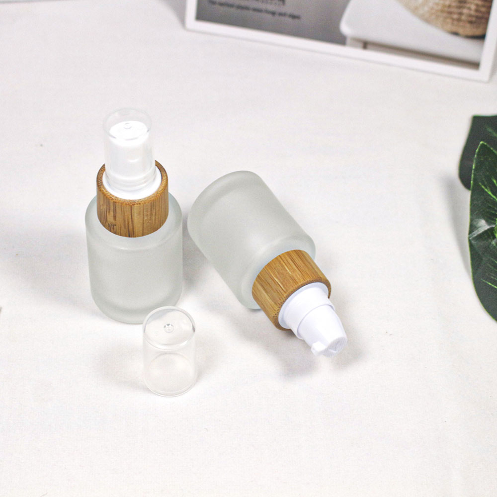 20MLCosmetic frosted glass cream jar lotion spray pump bottle friendly ecological bamboo lid wood cap skin care packaging
