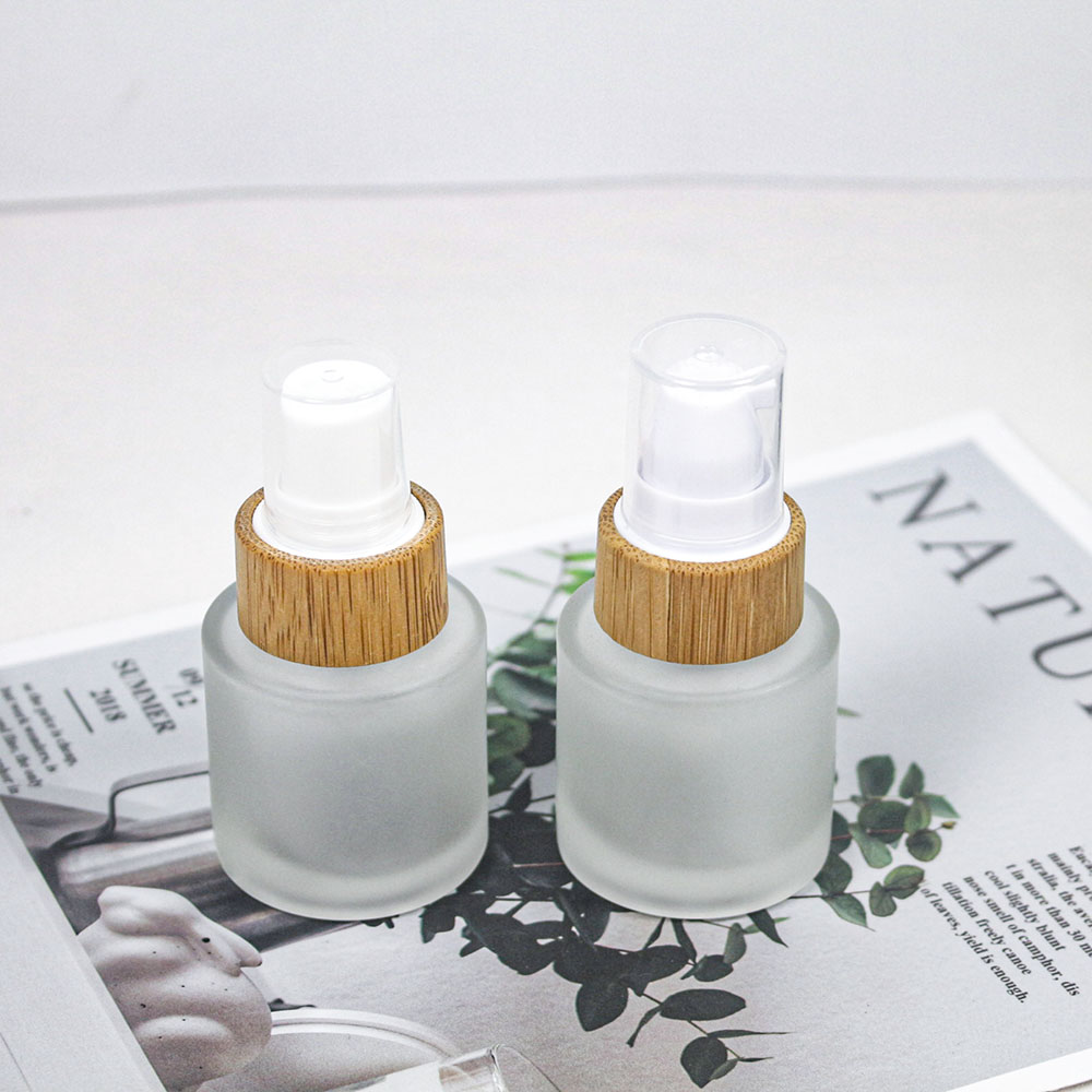 20MLCosmetic frosted glass cream jar lotion spray pump bottle friendly ecological bamboo lid wood cap skin care packaging