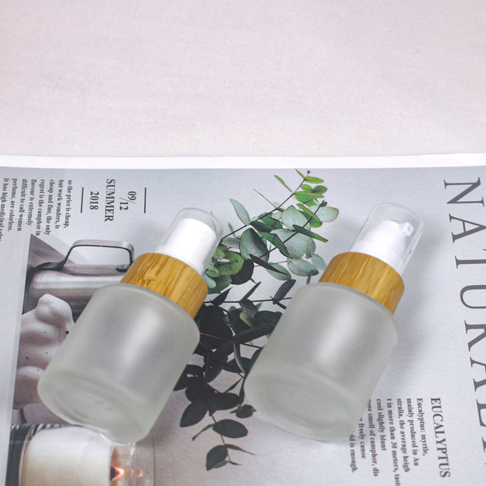 20MLCosmetic frosted glass cream jar lotion spray pump bottle friendly ecological bamboo lid wood cap skin care packaging