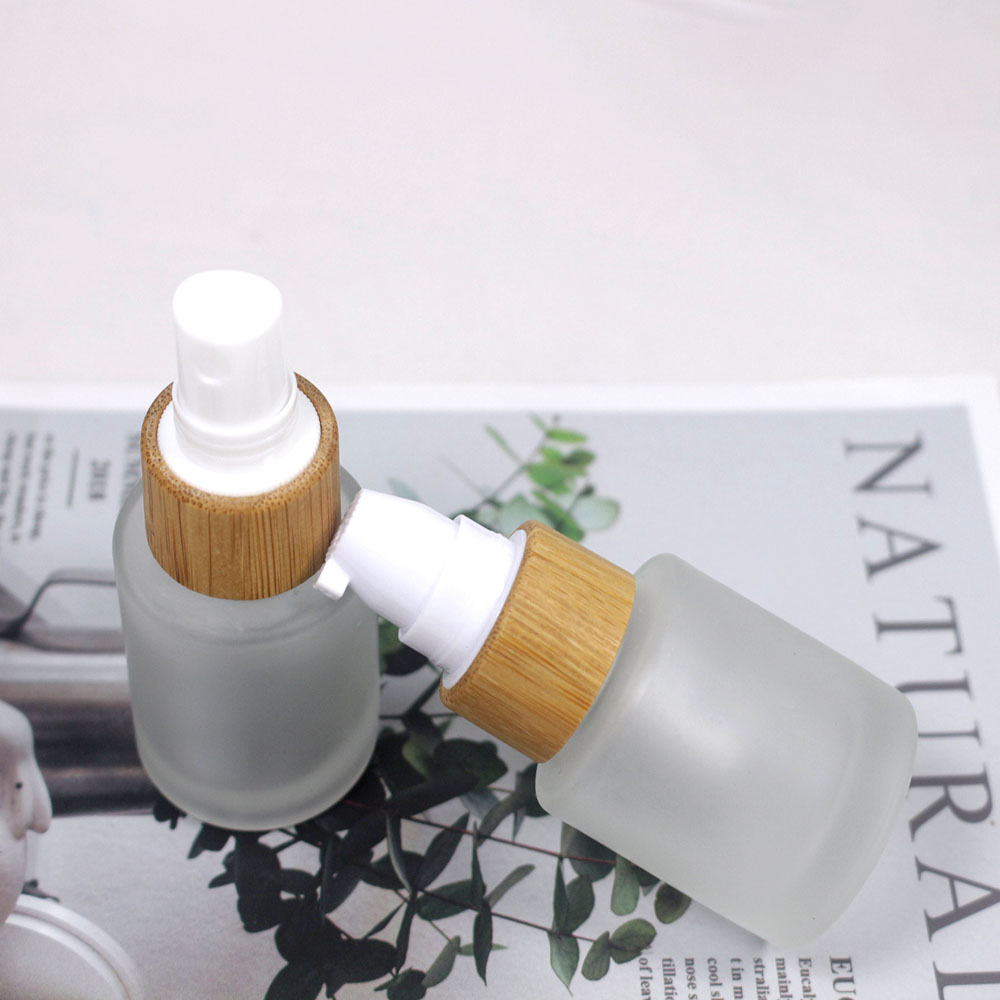 20MLCosmetic frosted glass cream jar lotion spray pump bottle friendly ecological bamboo lid wood cap skin care packaging