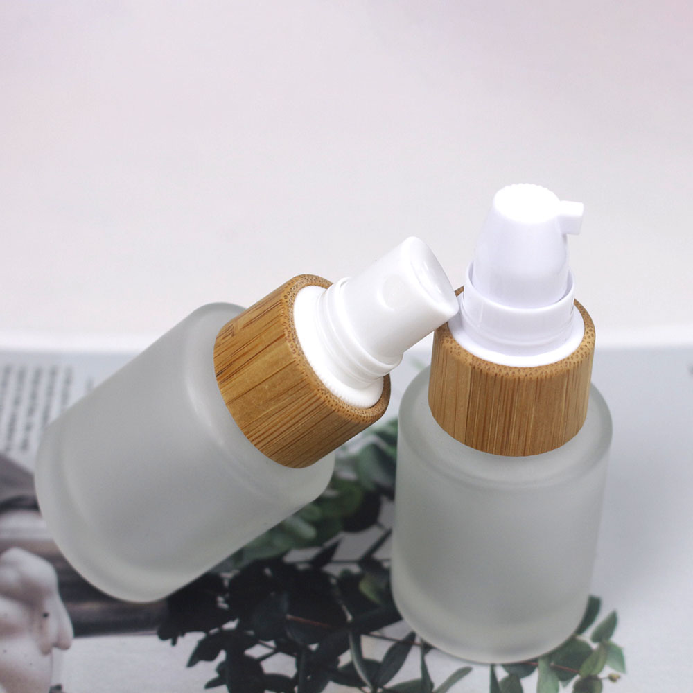 20MLCosmetic frosted glass cream jar lotion spray pump bottle friendly ecological bamboo lid wood cap skin care packaging