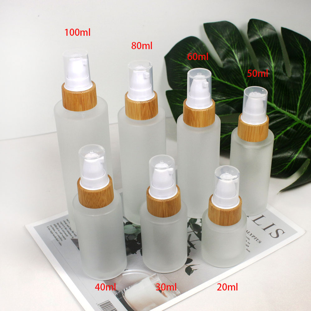 20MLCosmetic frosted glass cream jar lotion spray pump bottle friendly ecological bamboo lid wood cap skin care packaging