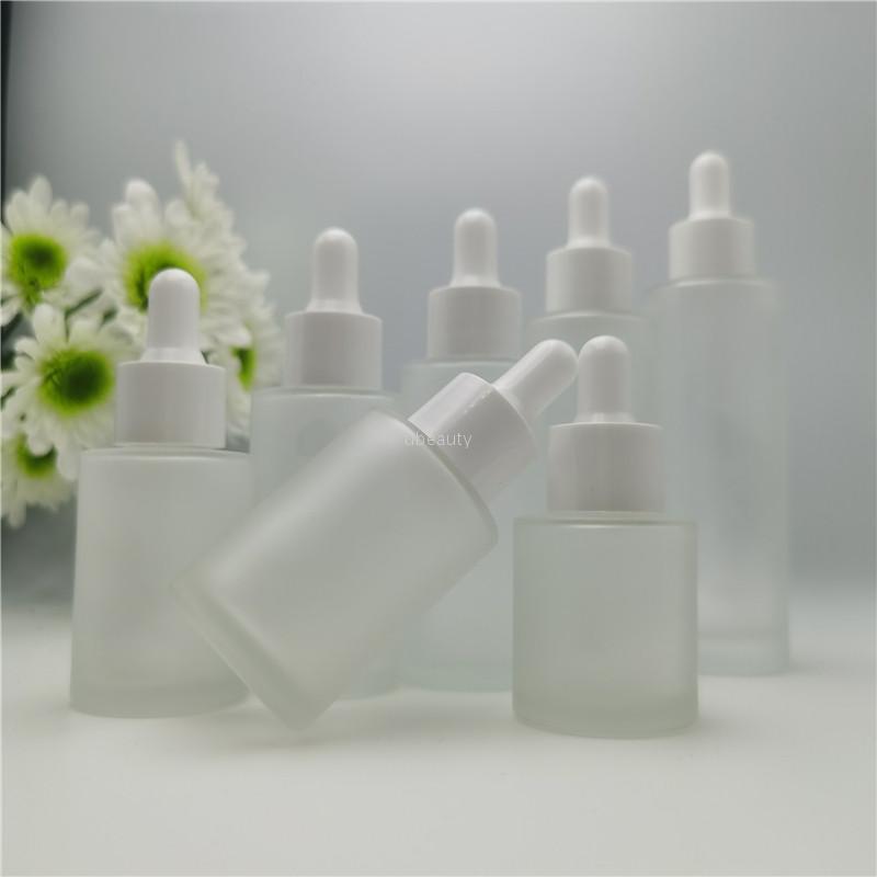 20Ml 30Ml 40Ml 50Ml 60Ml 80Ml Luxury Empty Frost Flat Shoulder Cosmetic Glass Dropper Bottle With White Pipette For Oil