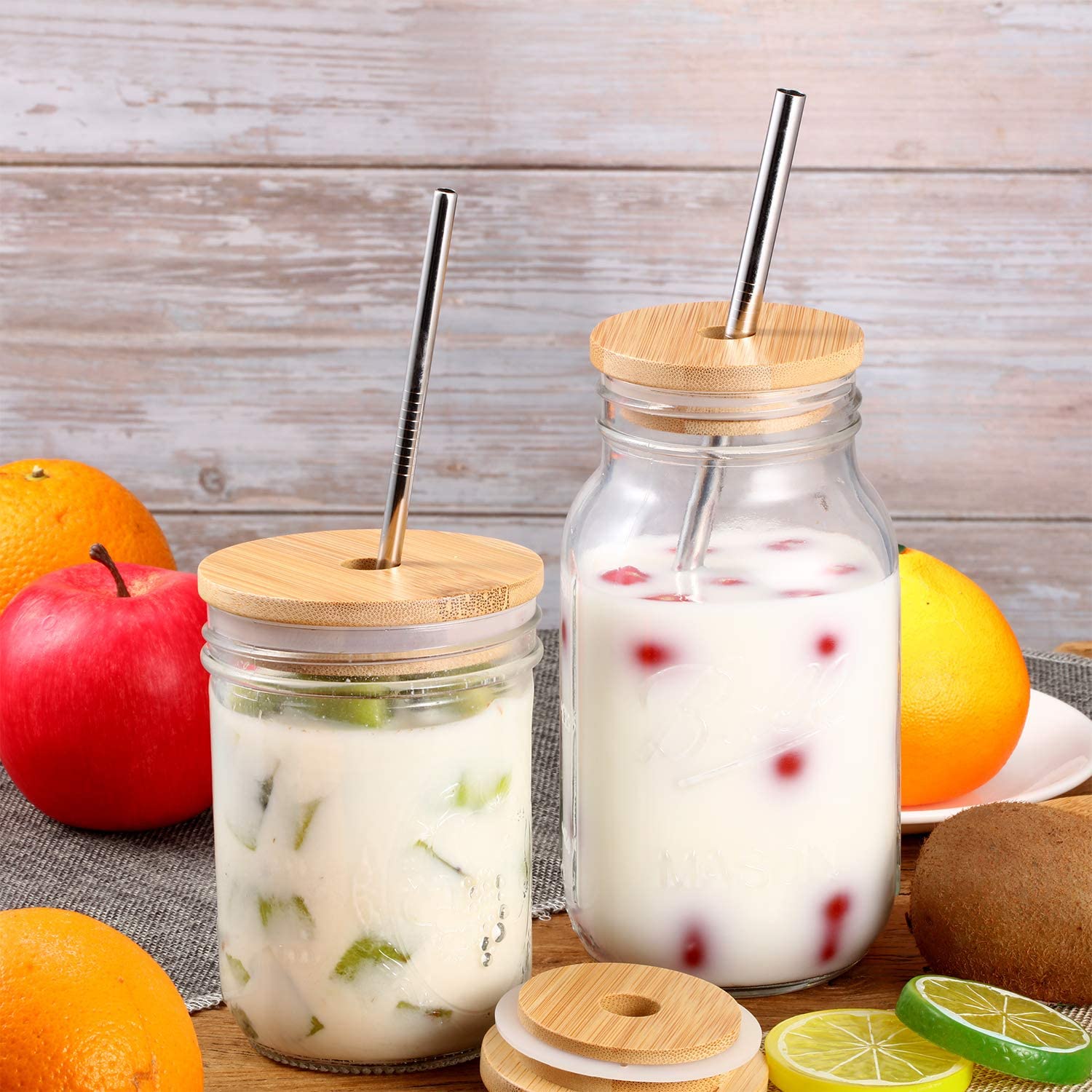 20OZ 24OZ wide mouth glass mason jar with bamboo lid for Boba Tea Drinking