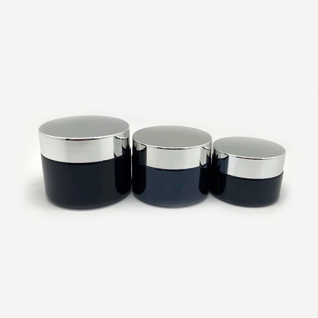 20g 30g 50g black glass cream jar with aluminium gold or silver lid and insert