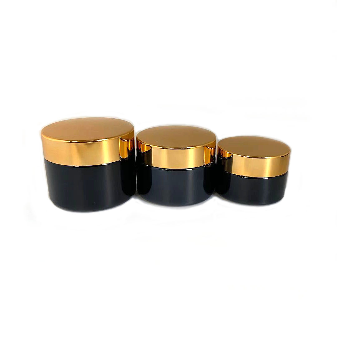 20g 30g 50g black glass cream jar with aluminium gold or silver lid and insert