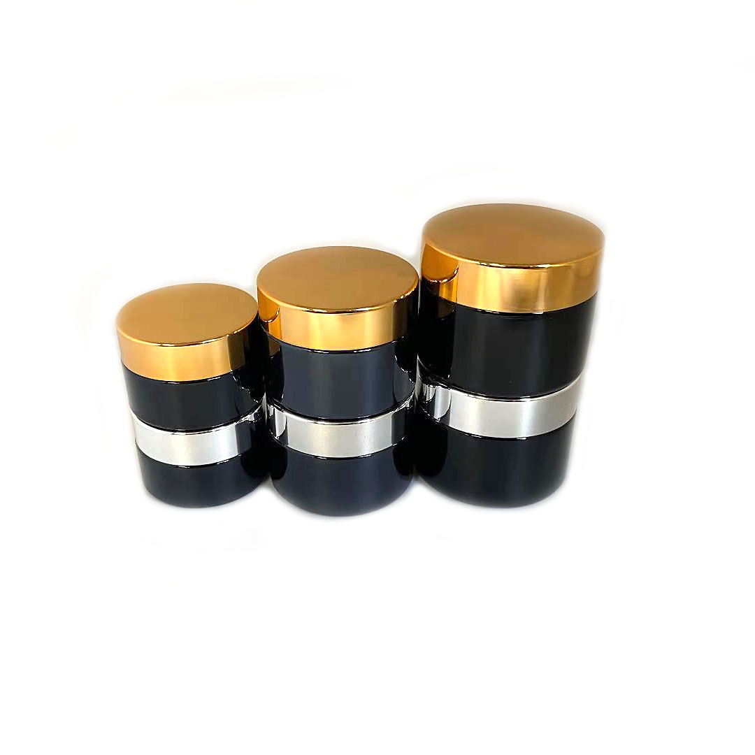 20g 30g 50g black glass cream jar with aluminium gold or silver lid and insert