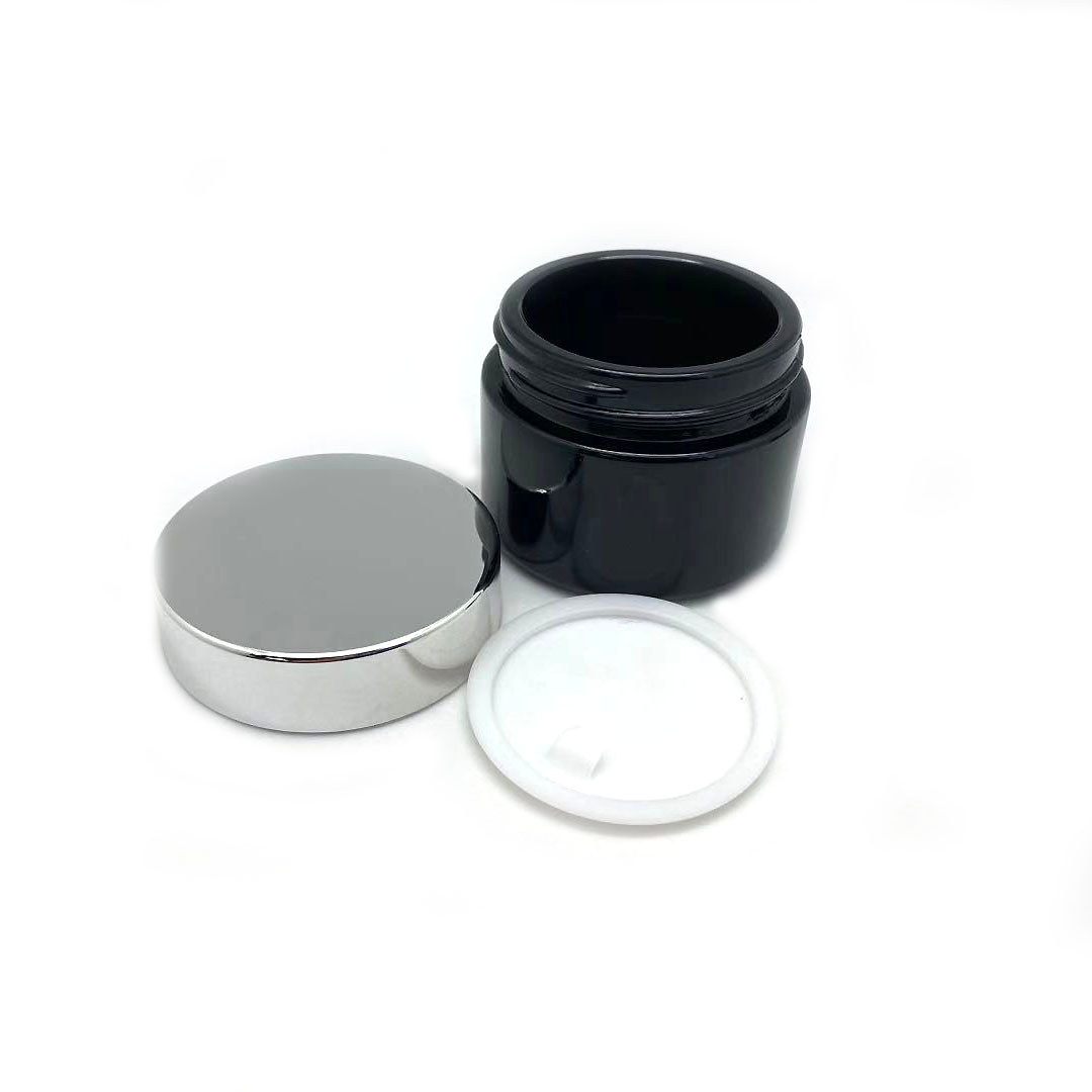 20g 30g 50g black glass cream jar with aluminium gold or silver lid and insert