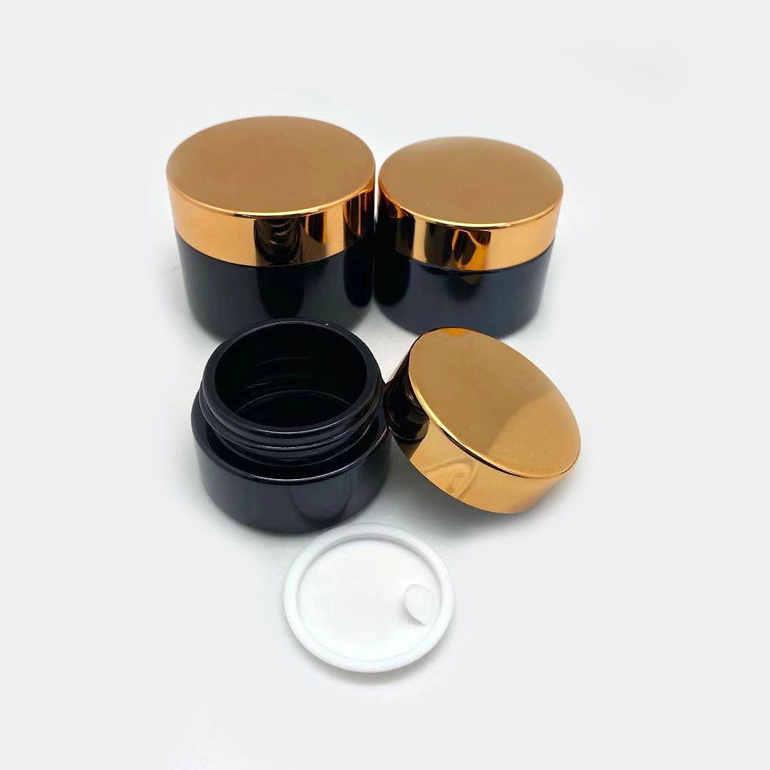20g 30g 50g black glass cream jar with aluminium gold or silver lid and insert