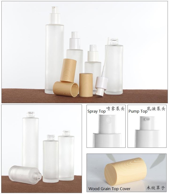 20g 30g 50g clear frosted glass skincare cream jars 40ml-120ml lotion pump bottles with wood grain cap bamboo lid