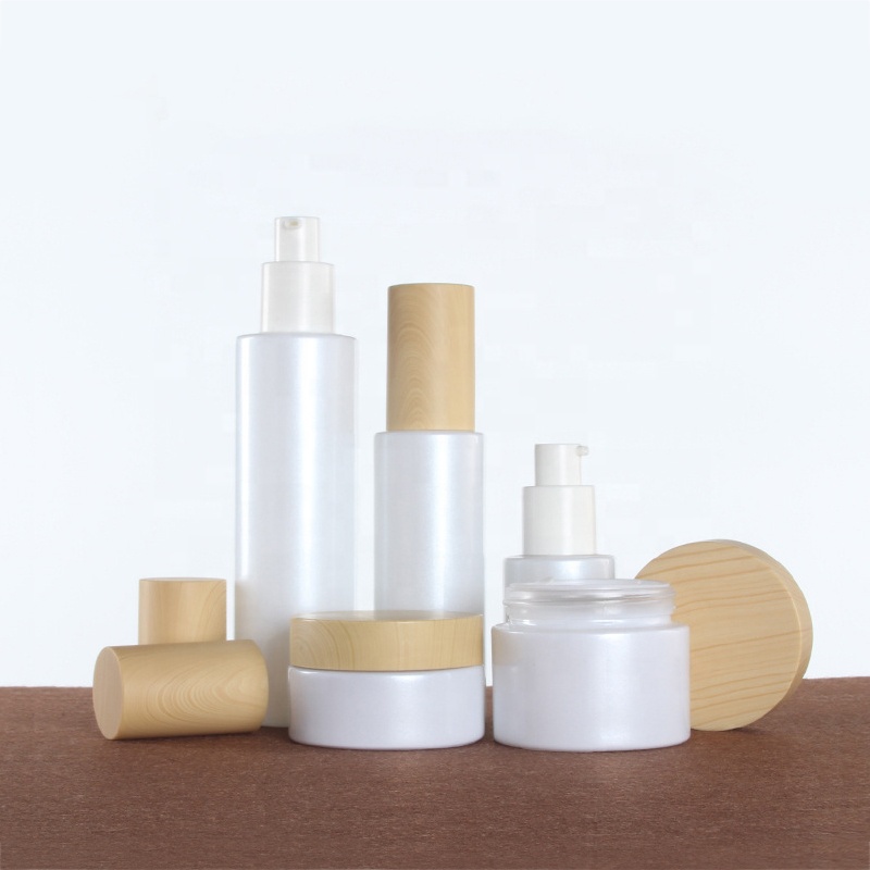 20g 30g 50g white glass cosmetic cream jar with wood grain cap