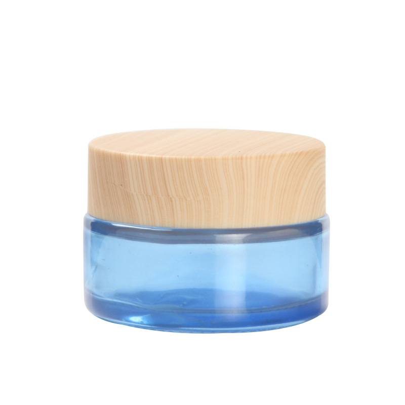 20g blue clear cosmetic glass cream jar eye cream skin cream packaging container with wood grain plastic lid