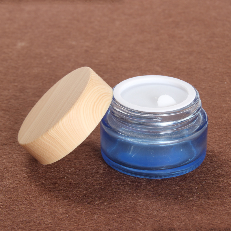 20g blue clear cosmetic glass cream jar eye cream skin cream packaging container with wood grain plastic lid