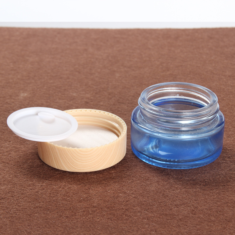 20g blue clear cosmetic glass cream jar eye cream skin cream packaging container with wood grain plastic lid