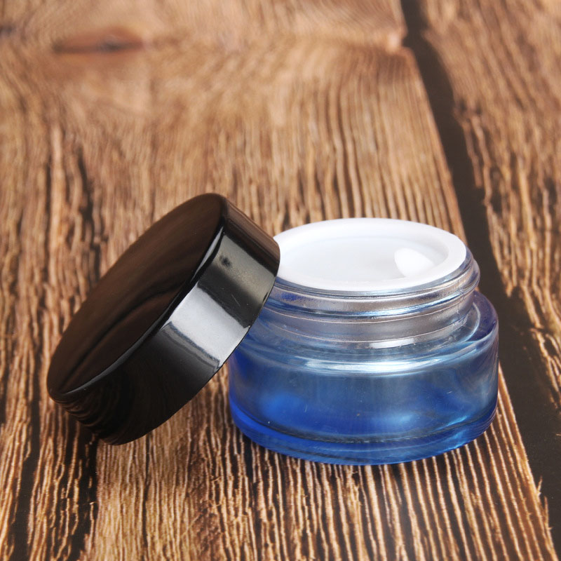 20g clear blue cosmetic glass jar skin care cream eye cream container packaging with black lid