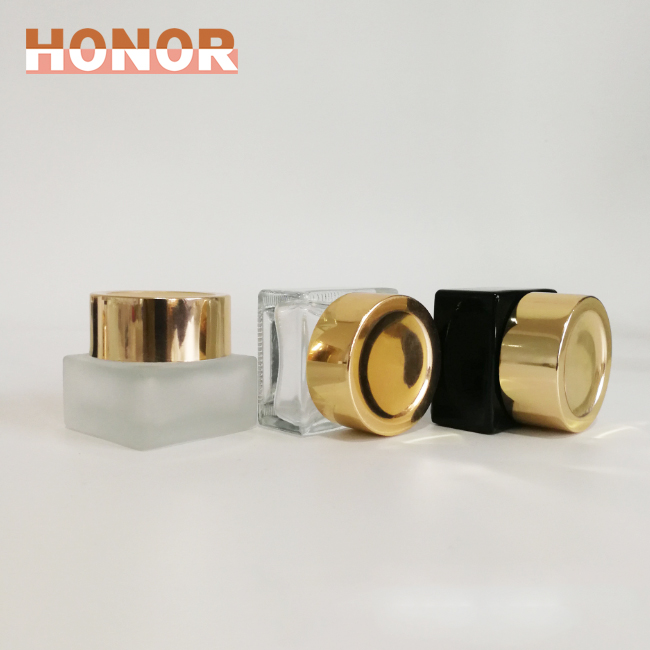 20g glass cosmetic packaging square frosted clear black skincare cream jar with gold cap