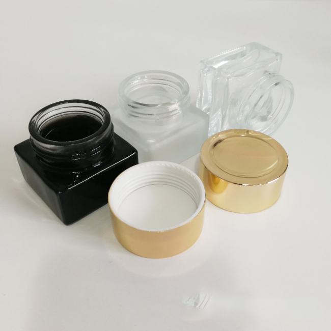 20g glass cosmetic packaging square frosted clear black skincare cream jar with gold cap