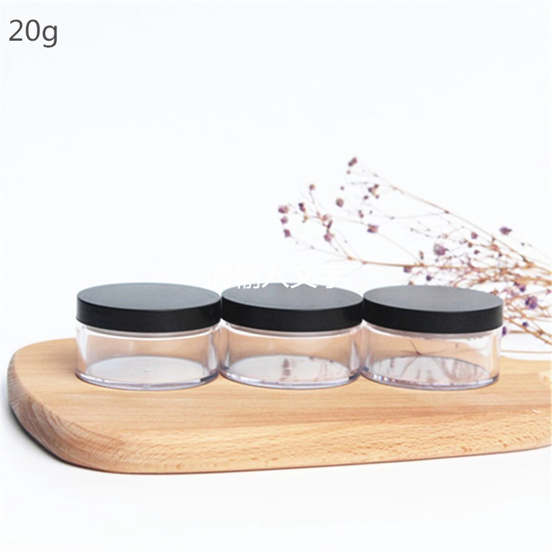20g plastic Loose Powder Jar, clear empty cosmetic container with black cap