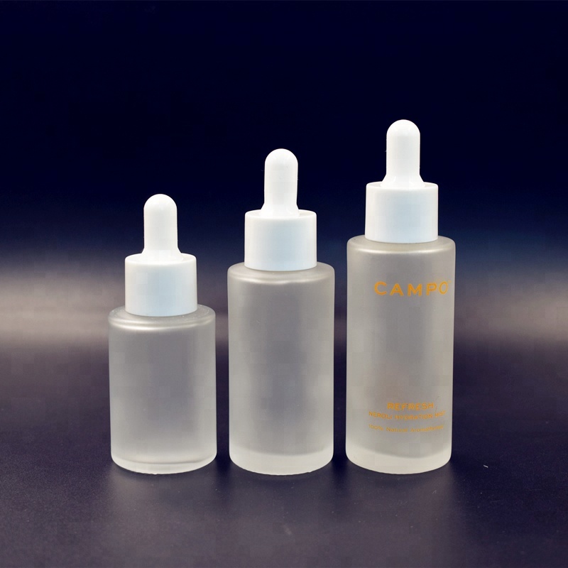 20ml 30ml 40ml 50ml 60ml 80ml Luxury empty frost flat shoulder cosmetic glass dropper bottle with White Pipette for oil