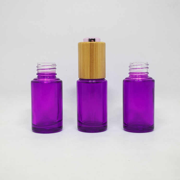 20ml 30ml 40ml 50ml purple cosmetic serum glass oil bottle with bamboo press pump