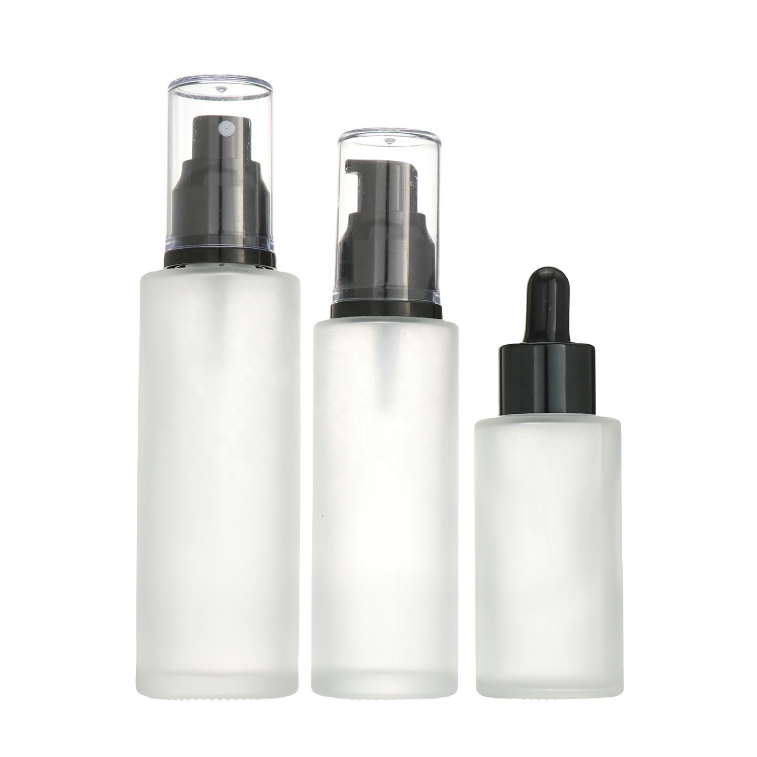 20ml 30ml 40ml 60ml 80ml 100ml 120ml White Cosmetic Packaging Frosted Glass pump spray bottle With matte black Lid