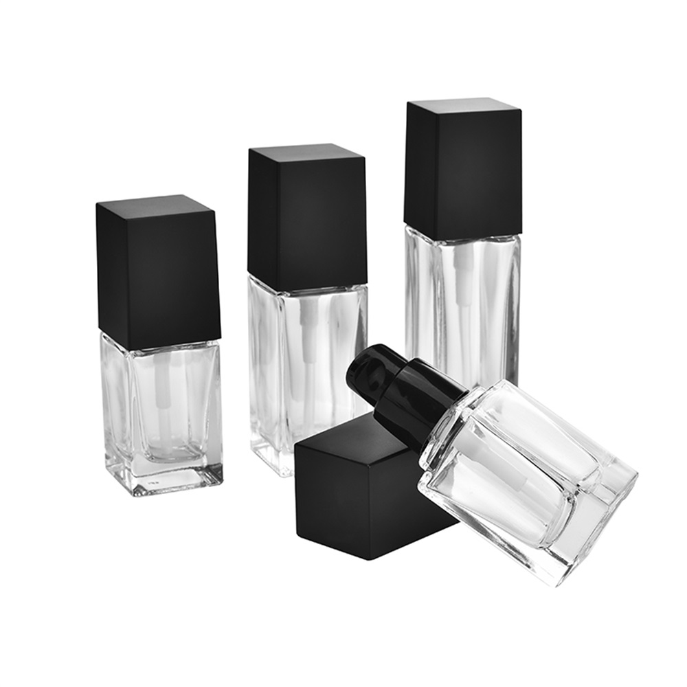20ml 30ml 40ml Clear Square Glass Bottle with Black Pump for Lotion Essential Oli Moisturizer Facial Water Liquid Cream