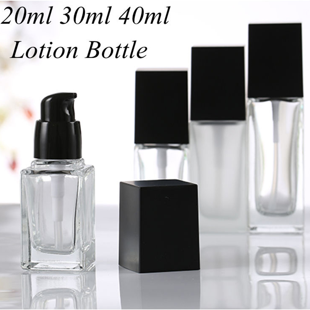 20ml 30ml 40ml Clear Square Glass Bottle with Black Pump for Lotion Essential Oli Moisturizer Facial Water Liquid Cream