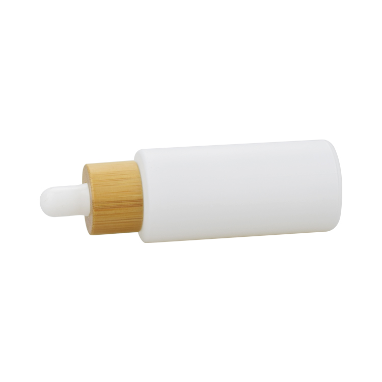 20ml 30ml 50ml 100ml frosted white cosmetic glass bottle oil with bamboo cap dropper