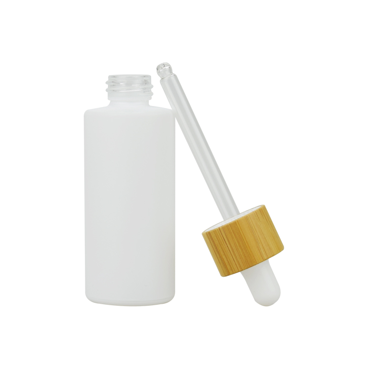 20ml 30ml 50ml 100ml frosted white cosmetic glass bottle oil with bamboo cap dropper