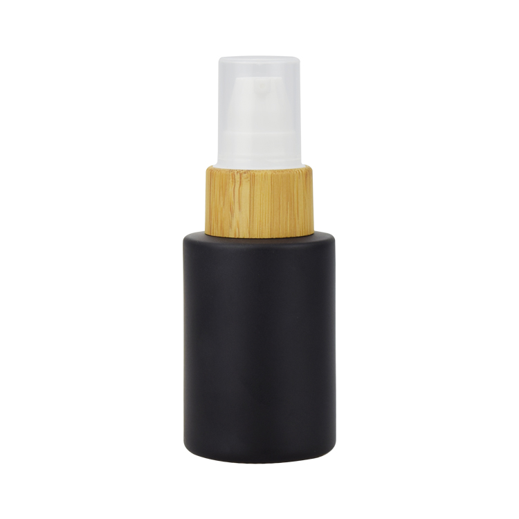 20ml 30ml 50ml 100ml mat black cosmetic essential oil glass bottle with bamboo lotion pump