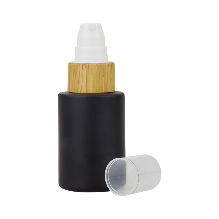 20ml 30ml 50ml 100ml mat black cosmetic essential oil glass bottle with bamboo lotion pump