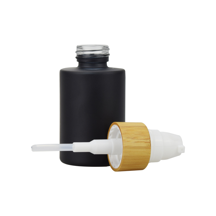 20ml 30ml 50ml 100ml mat black cosmetic essential oil glass bottle with bamboo lotion pump